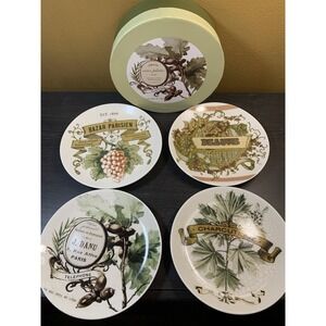 Pottery Barn Vino Plates Set of 4 French Vintage Botanical Appetizer Plates Box